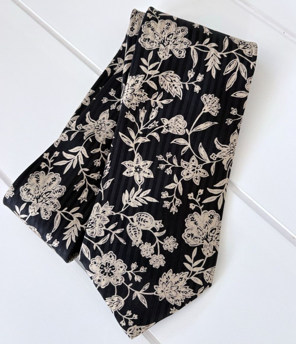 Brioni Floral Silk Tie Black Cream Stripe Handmade Italy 3.5" 61" Luxury Formal